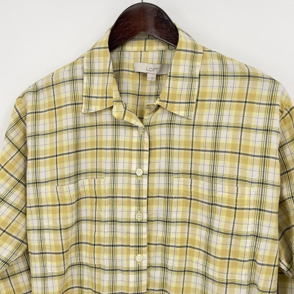 LOFT Ann Taylor Women's Button Up Top Shirt M Medium Plaid Yellow Gray NWT
